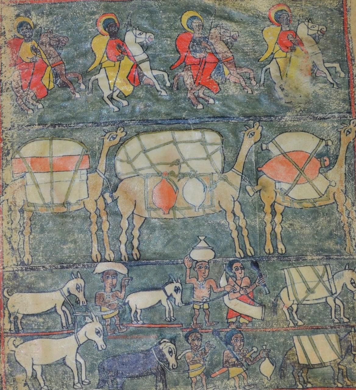 Manuscript with coloured painting of rows of animals and people laden with baggage