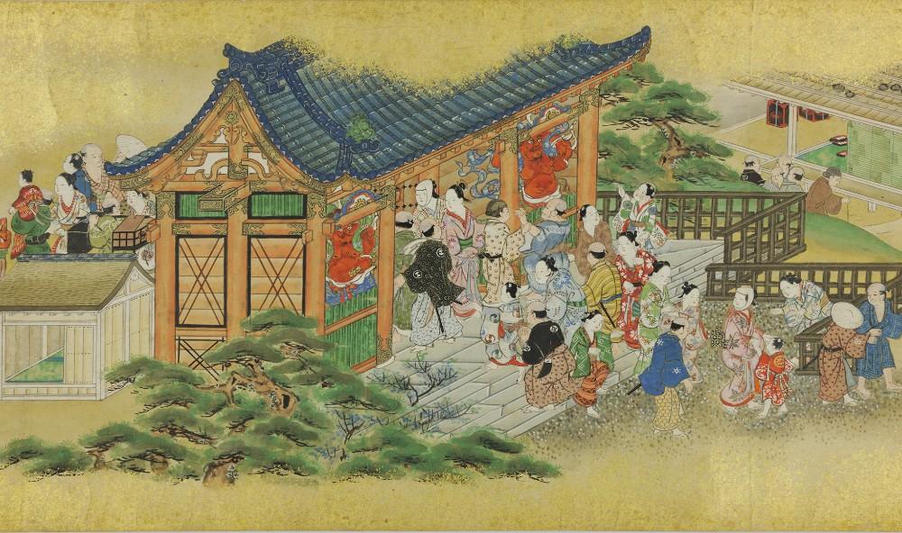 Detail of painting on handscroll, depicting scenes of cherry-blossom viewing in spring, large number of people gathered