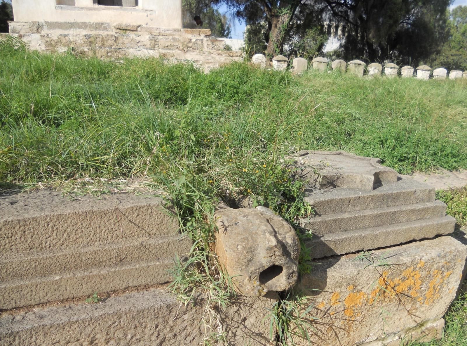 Photo showing stone fragments, and what remains of a lion-shaped gargoyle