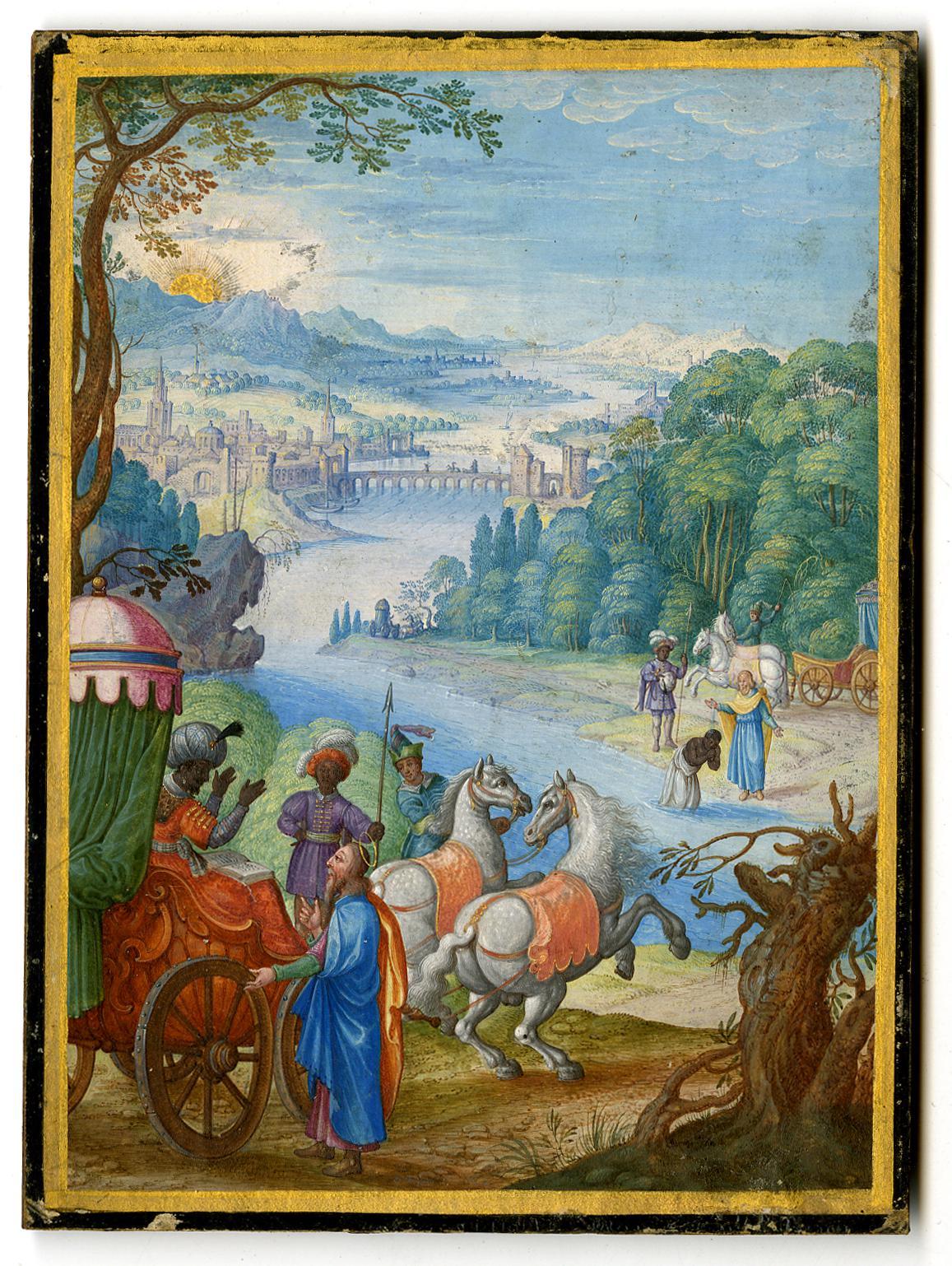 Coloured drawing depicting landscape with a river, trees to right where baptism occurs on the far bank; St Philip also seen in foreground on the nearer bank addressing the Ethiopian in his carriage to left