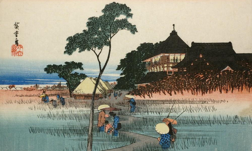 Colour woodblock print of temple viewed from nearby fields with people scattered around