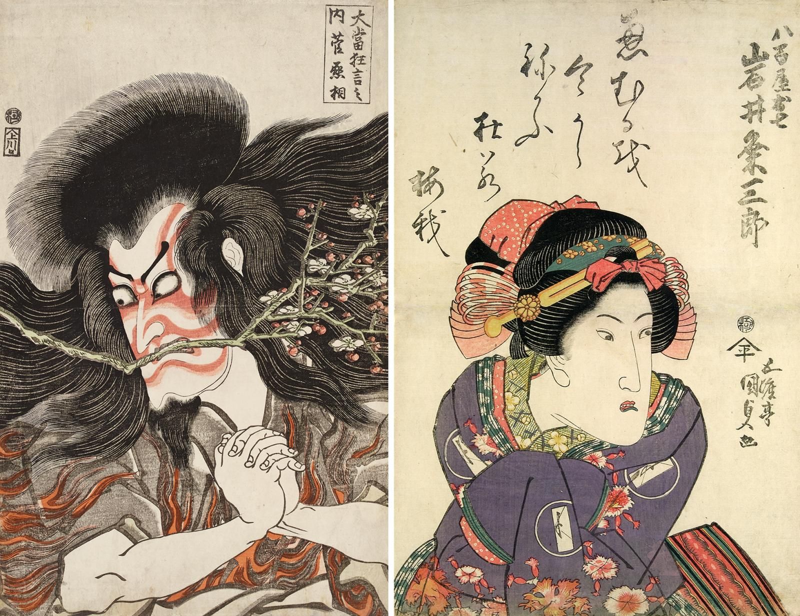 Two woodblock prints of two kabuki actors. On left, Ichikawa Danjuro VII as Kan Shojo on right Iwai Kumesaburo II in female attire as Yaoya Oshichi