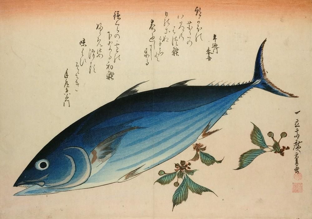 Colour woodblock print of blue fish and sprigs of saxifrage with script above