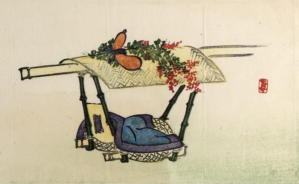 Colour woodblock print of empty sedan chair with flowers on top and cushioning on seat