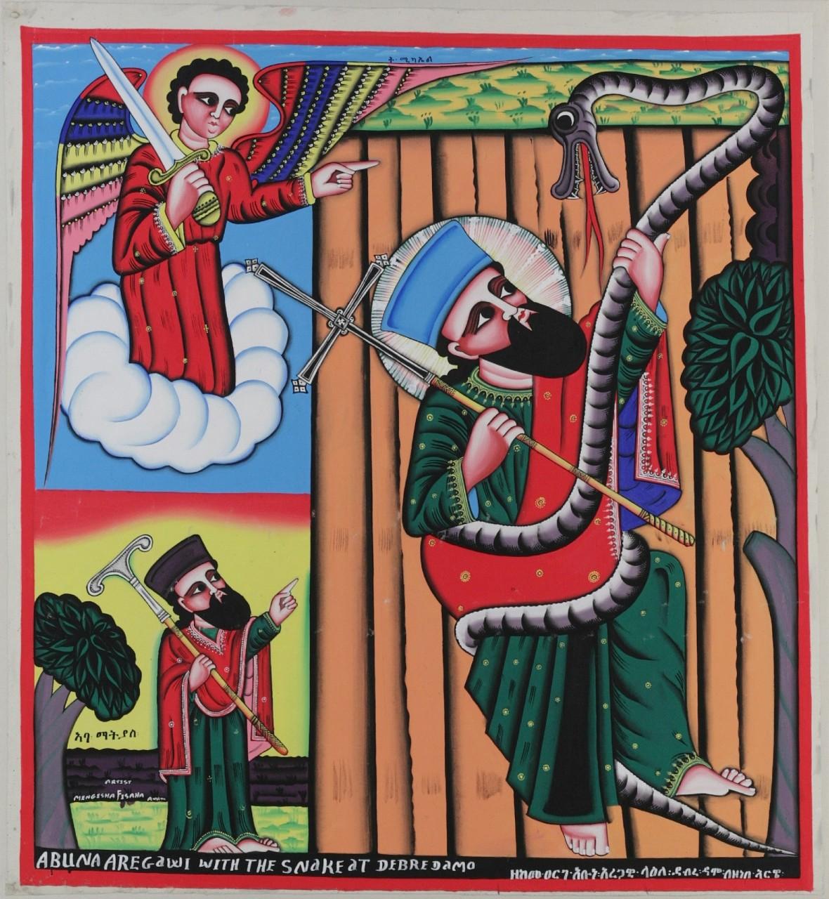 Painting  showing Saint Aregawi ascending to Dabra Dammo on the tail of a snake. He has a large halo, carries a tall cross and wears a priest's robe and turban. To the left is Abune Mateyas [Matthew] who carries a prayer staff. Above is an angel, Saint Michael who carries a sword and points towards Dabra Dammo