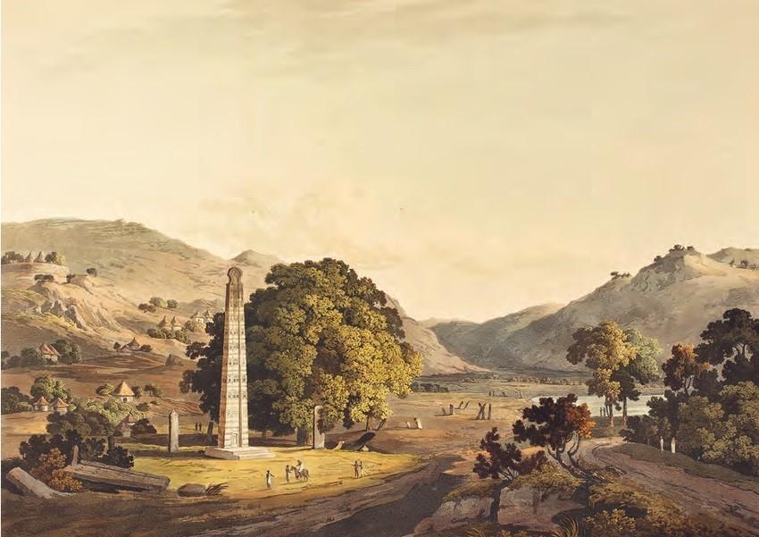 Hand-coloured aquatint depicting an obelisk beside a spreading tree in a flat landscape between low hills