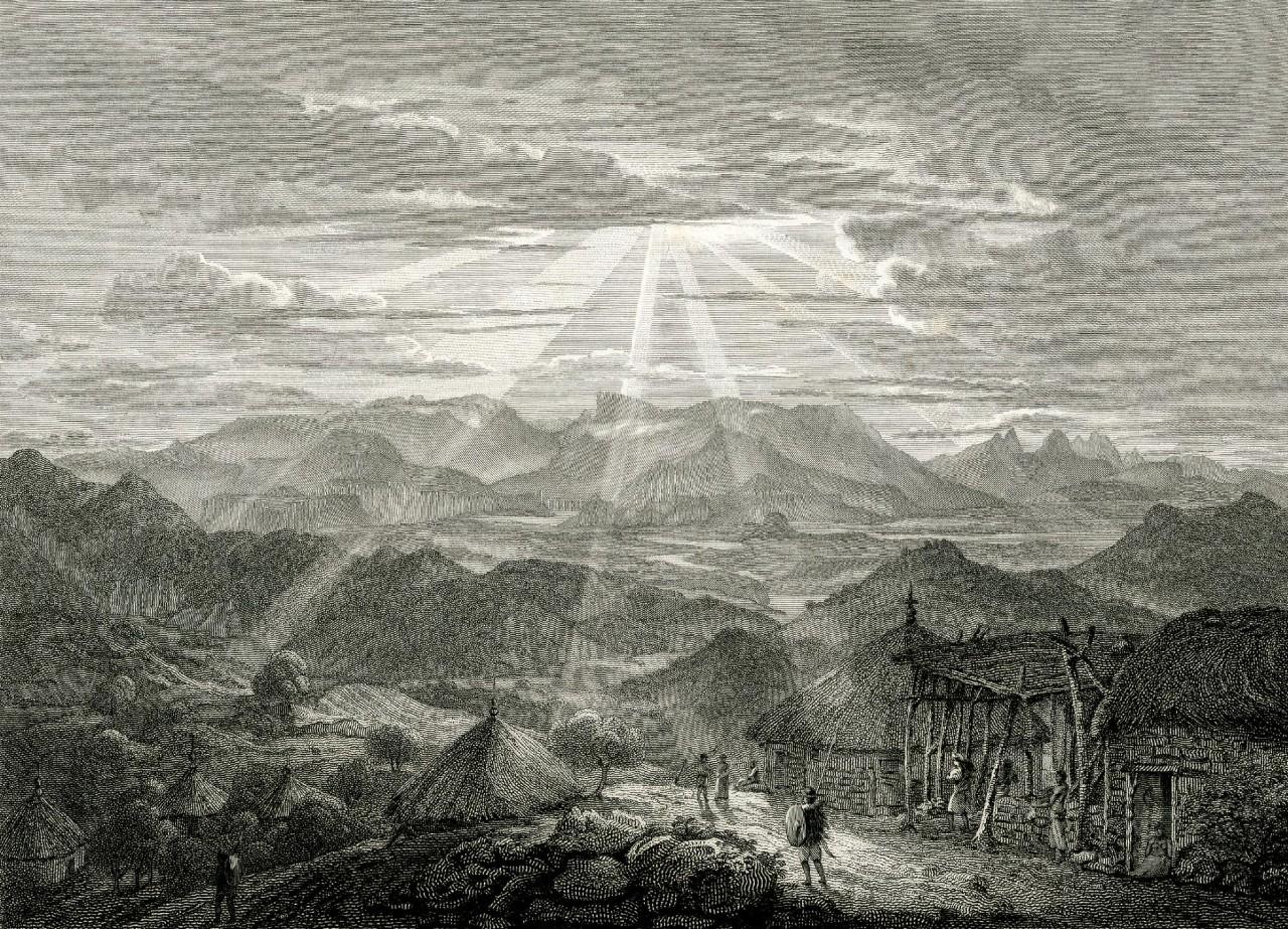 Print of landscape with simple houses, sunrays radiating down from sloudy sky