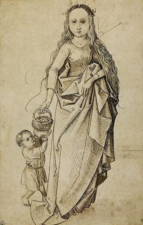 An illustration of a woman with long hair holding her gathered skirt with one hand and a woven basket in the other - as a young child stands grasping the basket to her left.
