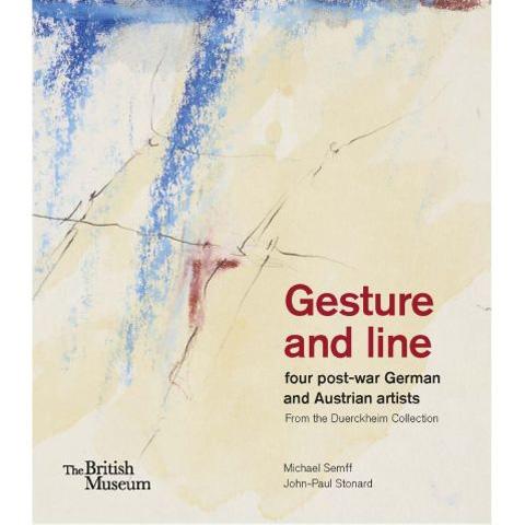 An abstract artwork with three vertical streaks of blue oil pastel against a yellow wash, with rust-red and pencil markings - while the name of the exhibition appears written in the bottom right of the image.