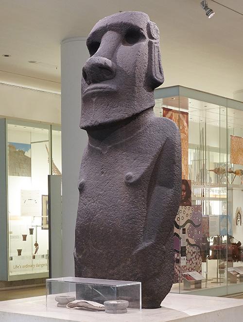 Partial side view of Hoa Hakananai'a in the Living and Dying exhibition
