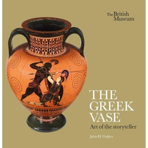 Book cover with a beige background and a photograph of a Greek vase decorated with two figures fighting with spears. 