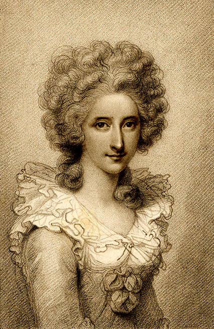 Engraved portrait of Anne Damer with curled hair and a ruffled bodice