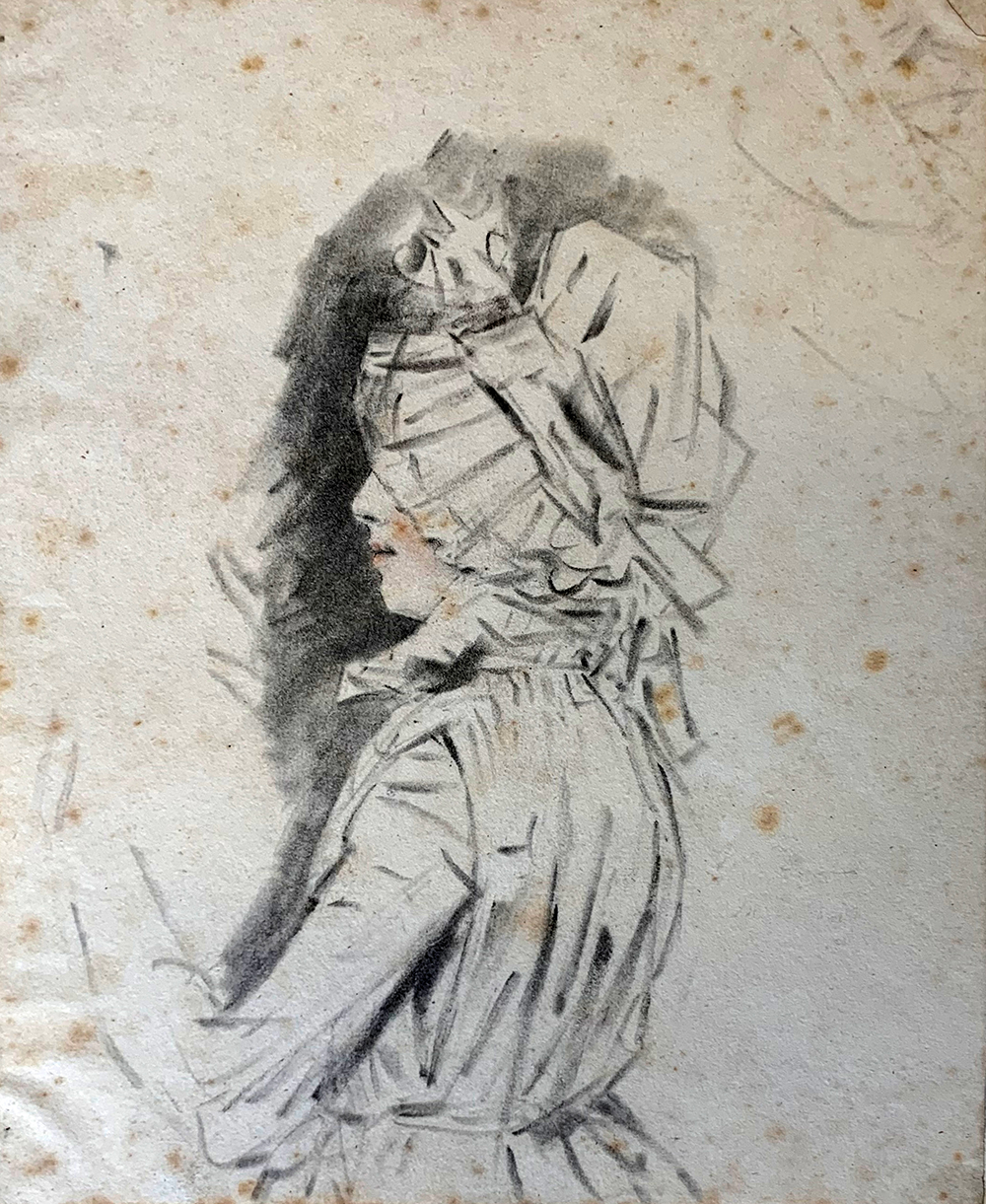 Portrait of a woman in profile with her face partly obscured by a bonnet 