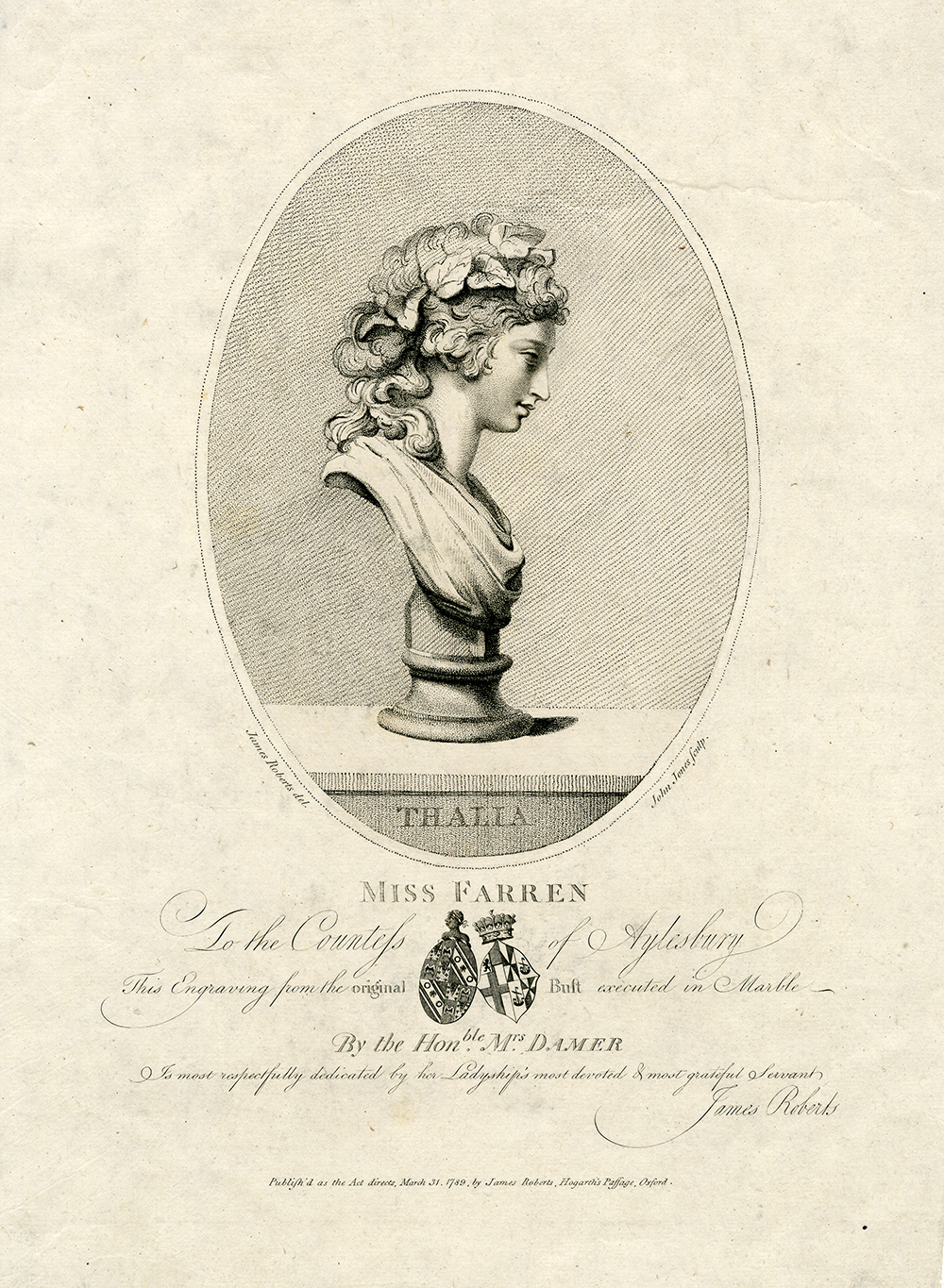 Engraving depicting a sculpture of a bust of Elizabeth Farren as Thalia