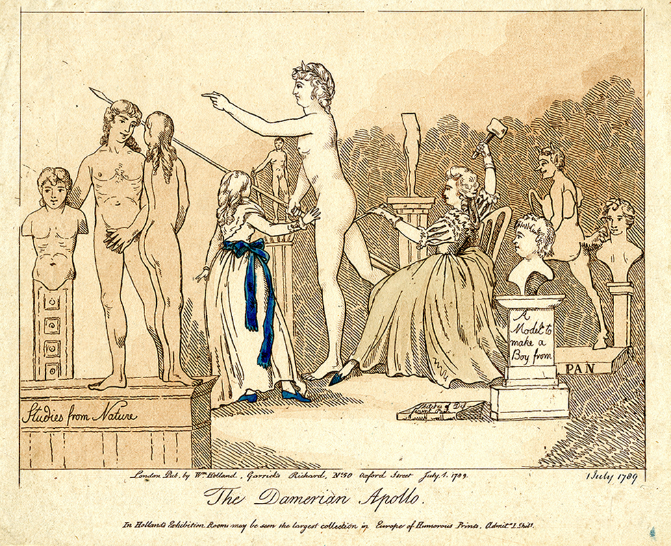 Satirical print depicting Anne Deymour sculpting the figure of Apollo, surrounded by statues and busts