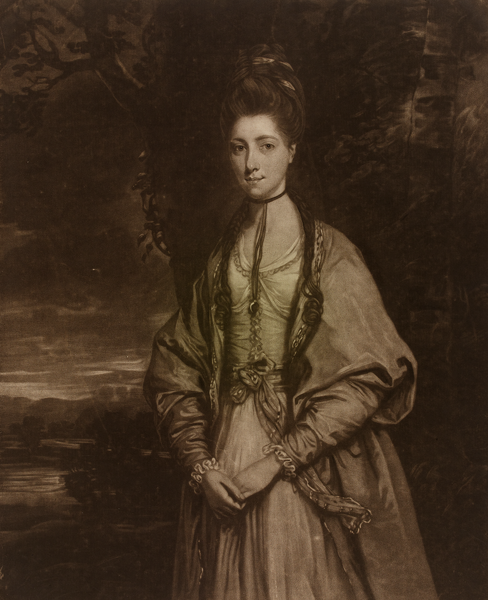 Engraved portrait of Anne Damer standing with her hands held together