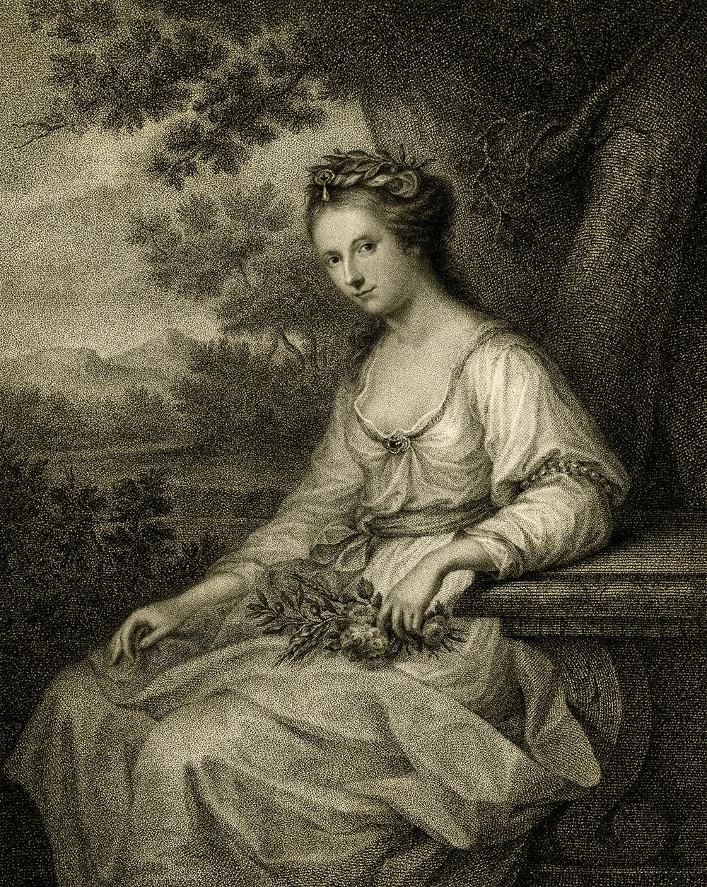 Engraving of Anne Seymour Damer sitting against a tree in a dress and holding flowers