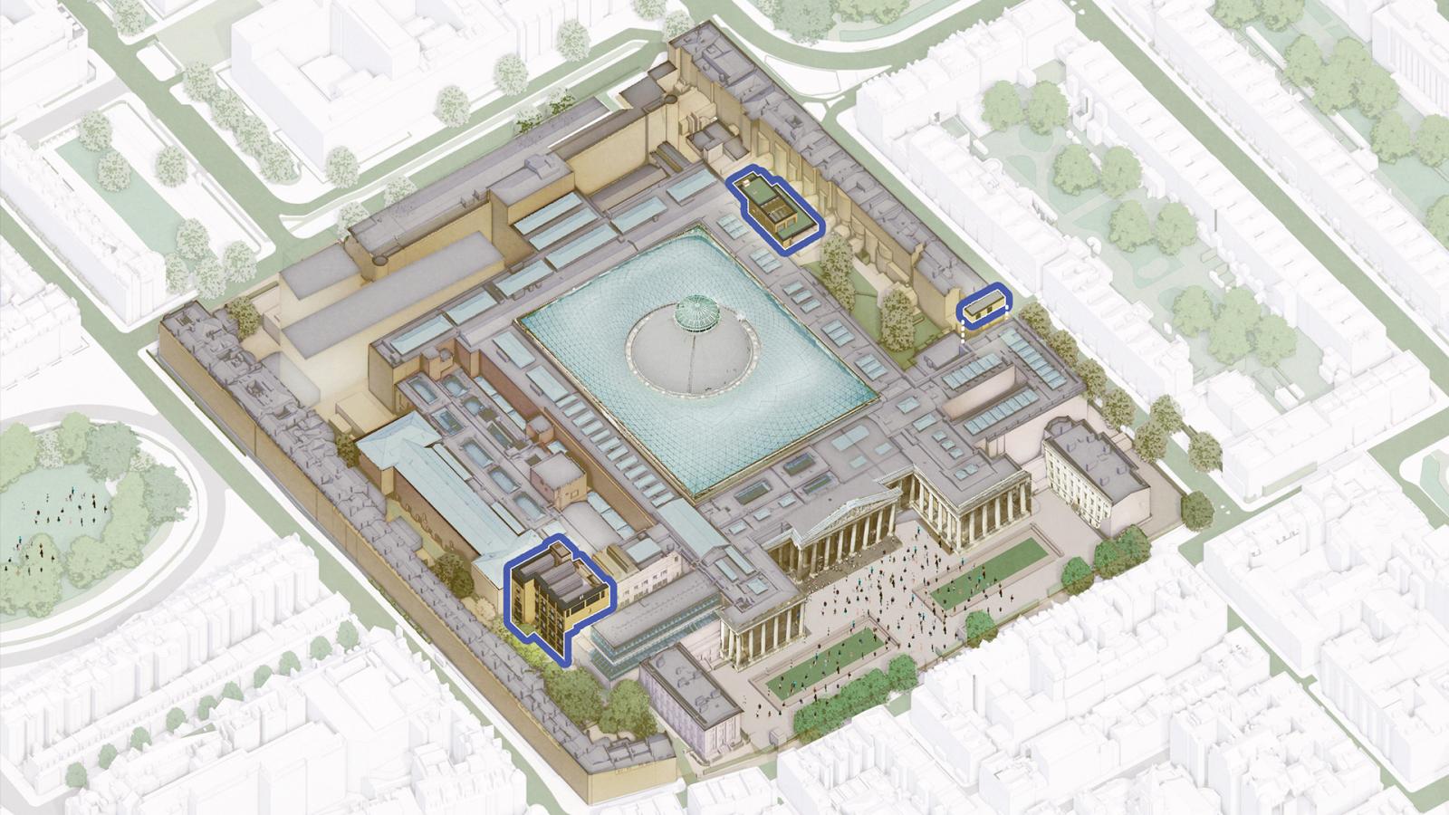 Graphic rendition of the British Museum site showing three new buildings outlined in blue which form the Energy Centre.