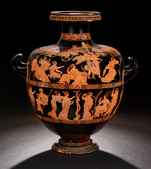 A Greek pot in black and terracotta with scenes of women in a garden, graphic designs, a fluted neck and handles