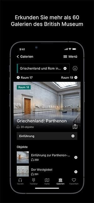 Screenshot der App zeigt die Parthenon- Galerie, einschließlich einer Einführung und 20 Erläuterungen zu den Objekten, die Sie sich anhören können.