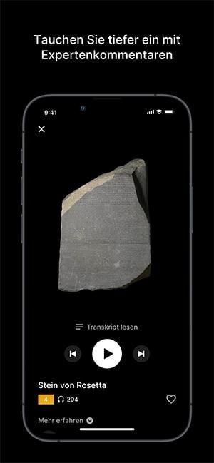 Screenshot der App mit dem Audioguide zum Stein von Rosetta.