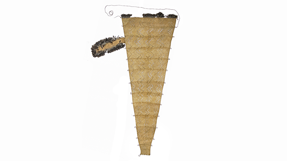 Canoe sail made of woven flax with fringing and string