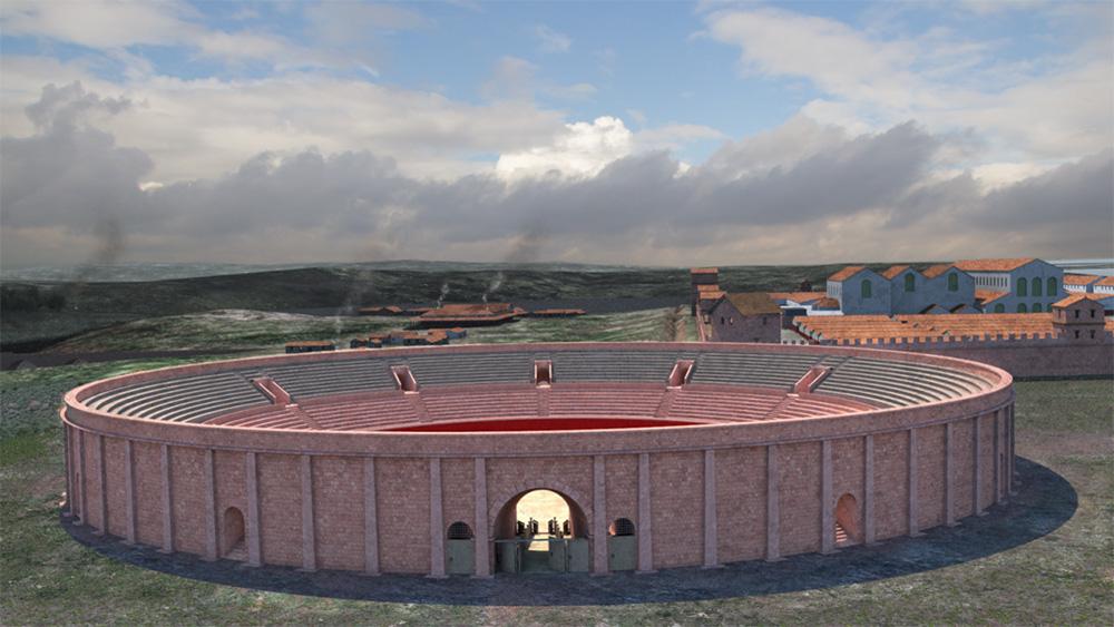 Reconstruction image of Chester amphitheatre. It is circular and magnificent with layers of seating on the inside. Beyond it is a Roman city.
