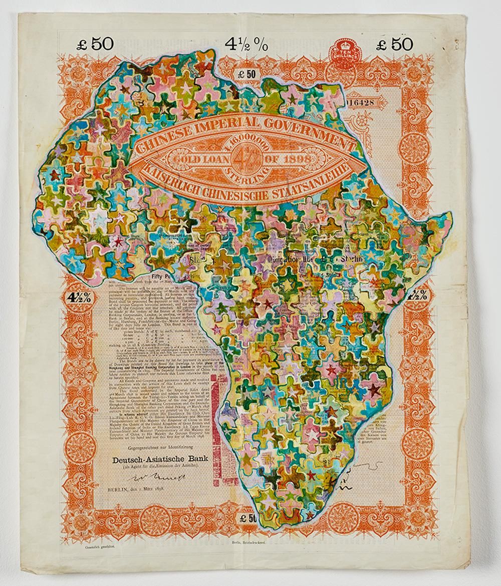 Shares certificate with a colourful map of Africa over the top with its interior made up of puzzle pieces. The words 'Chinese Imperial Government', 'Gold loan of 1808' and words in German appear through the overlaid drawing.