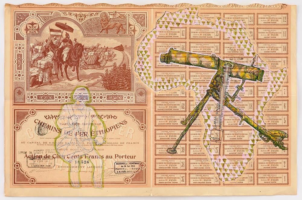 Antique documents, images and share certificates with drawings over the top of the African continent and military equipment