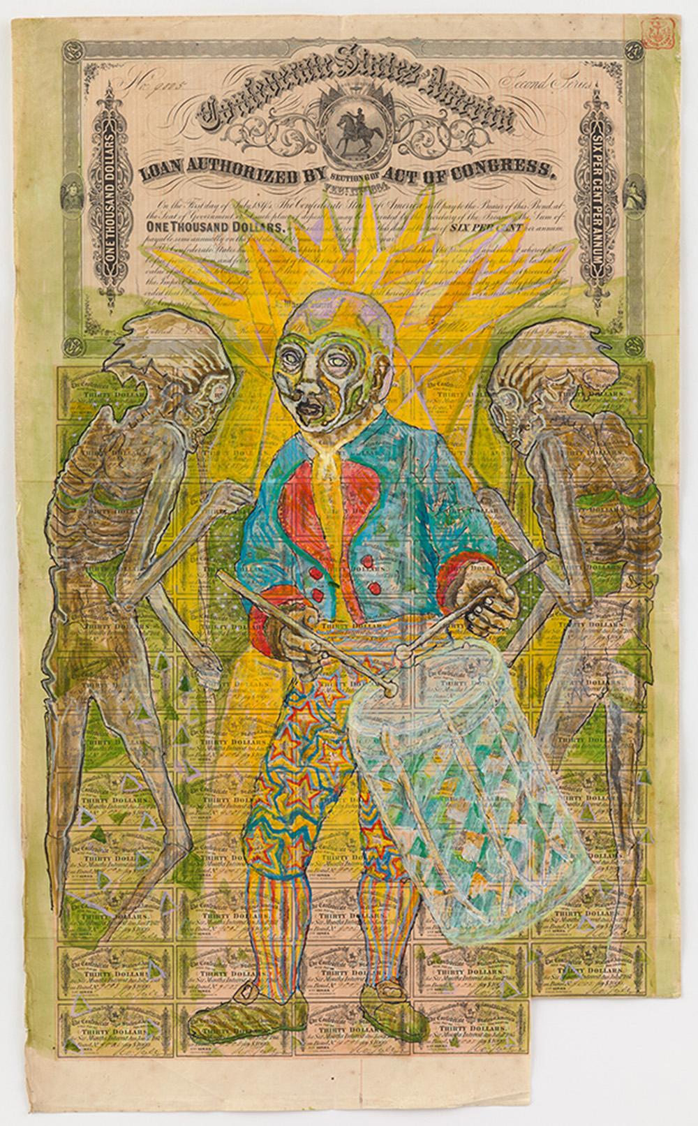 Antique share document with the header Confederate States of America. Over the top is a colourful illustration of a Black man playing the drum, while skeletons stand or dance on either side