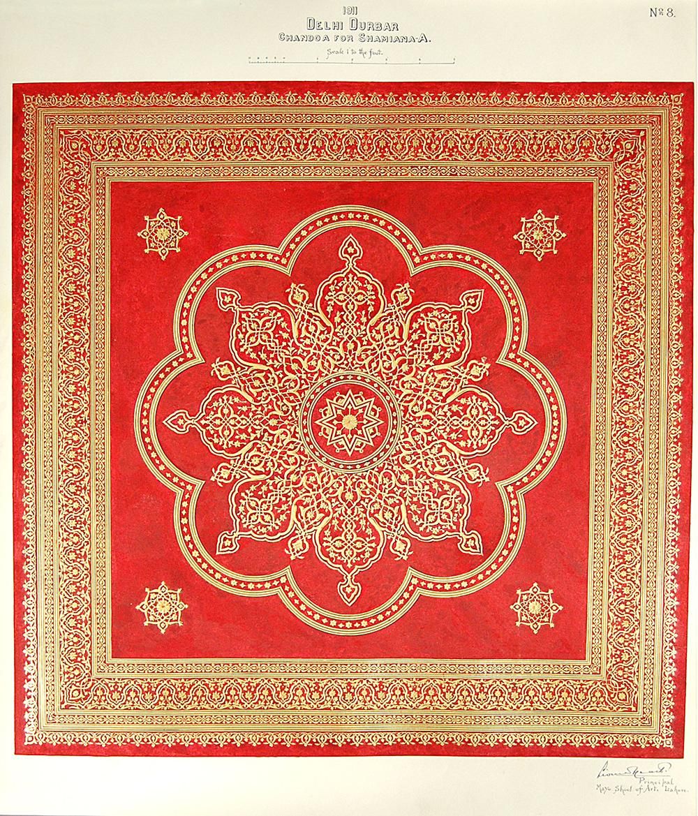A drawing of an intricate red and gold fabric design