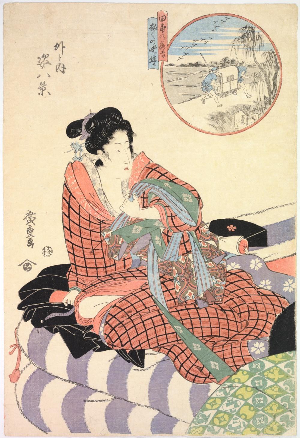 Colour-woodblock print of a reclining woman