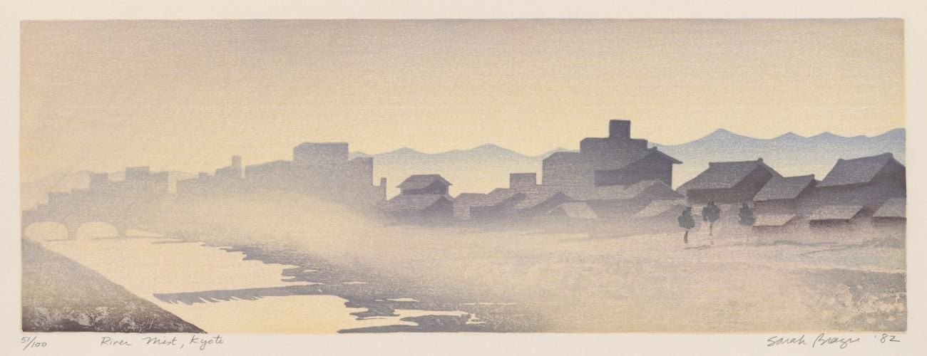 Colour-woodblock print of a misty river in Kyoto