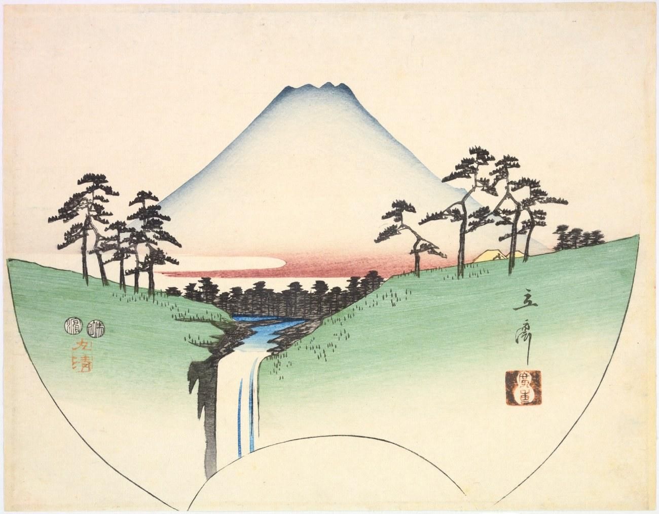 Colour-woodblock print a waterfall in front of Mt. Fuji