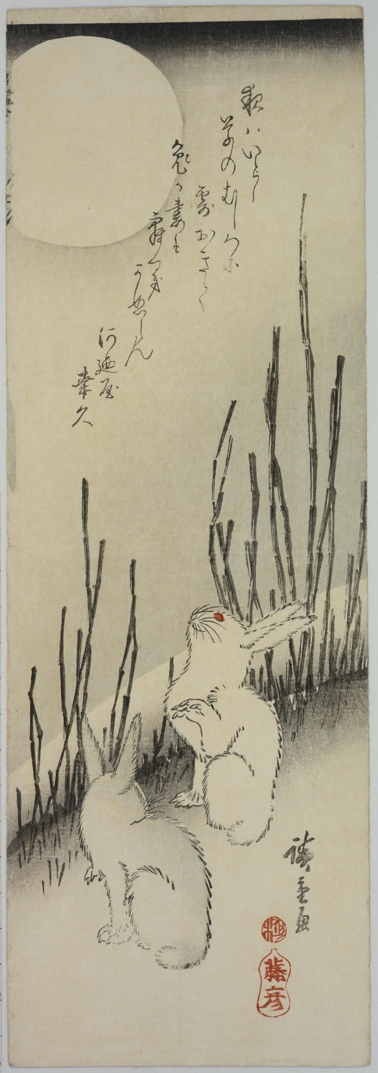 Colour-woodblock print of two white rabbits under a full moon