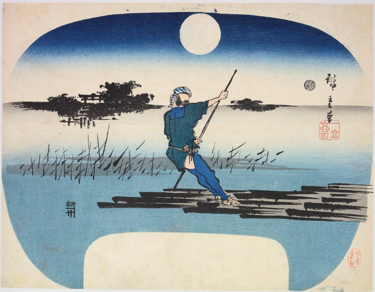 Colour-woodblock print of a raftsman