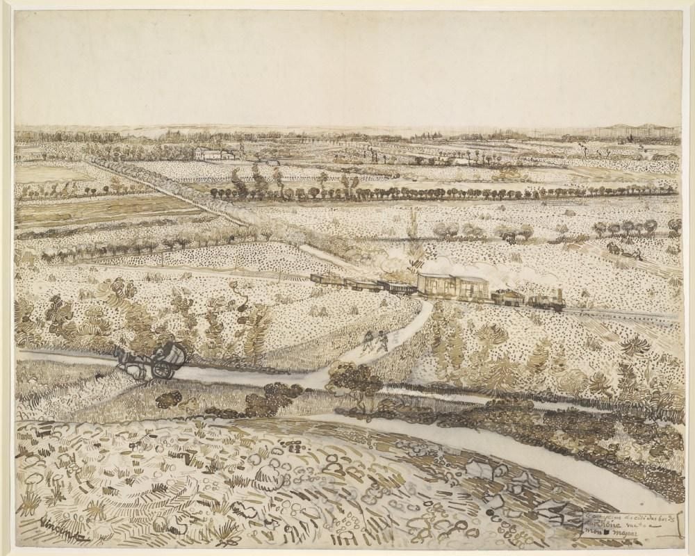 Brown ink sketch of a river and countryside