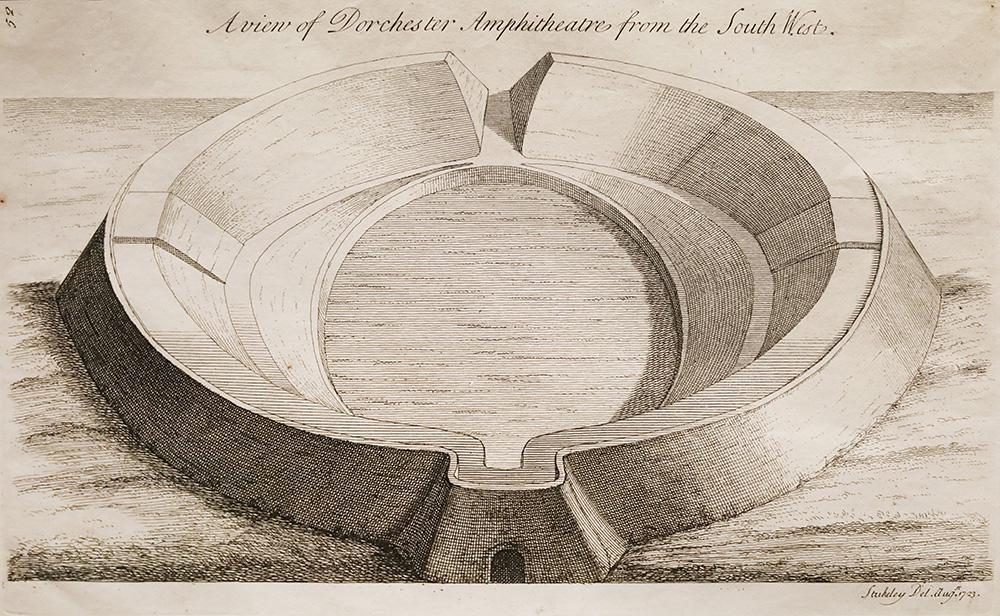 Engraving of Maumbury Rings, a circular amphitheatre