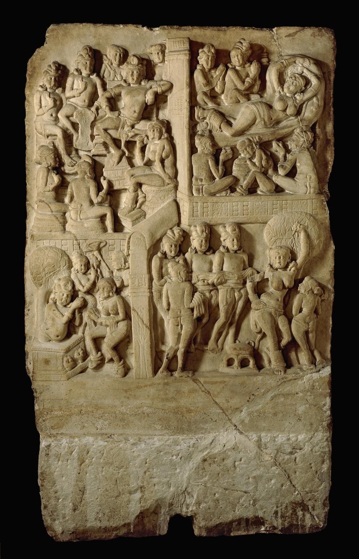 Limestone drum slab carved of Buddha's scenes from the Amaravati stupa