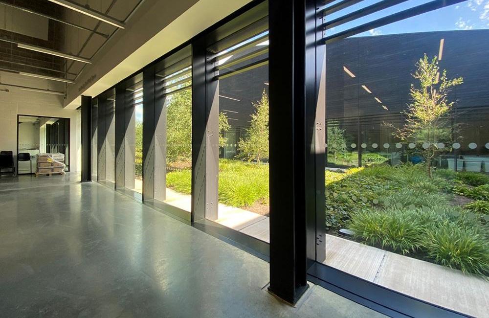 View of a large room with one wall of windows running from the floor to the ceiling, showing a green courtyard area outside.