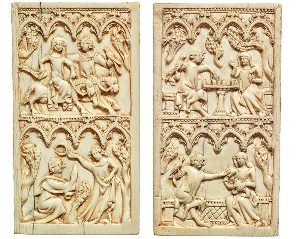 Four panels made of ivory or bone with four scenes of a couple: on horseback, playing chess, placing a flower wreath on their head, reaching towards the other with animals on their laps or arms.