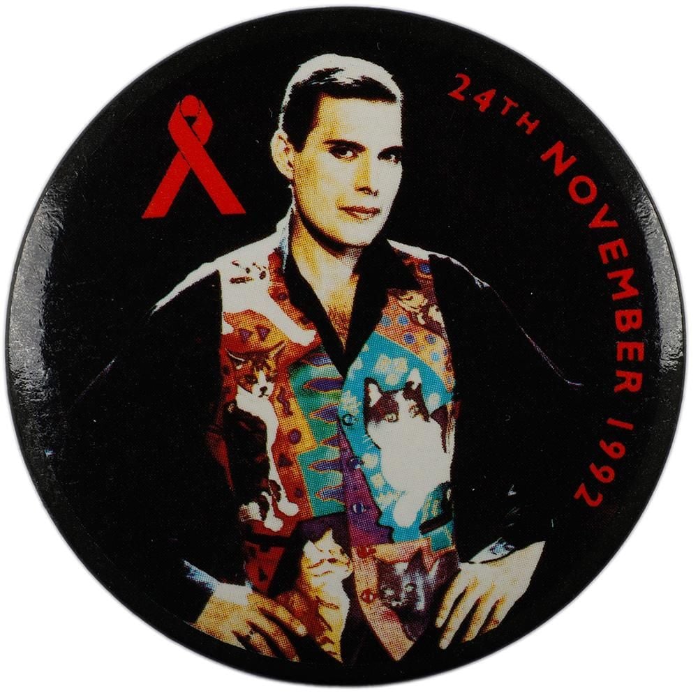 Badge with Freddie Mercury on the front, an AIDS ribbon, and the words: 24th November 1992