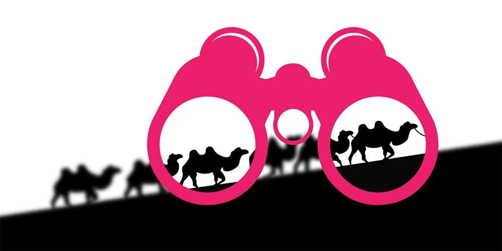 A silhouette of a procession of camels crossing a sand dune seen through a graphic of pink binoculars.