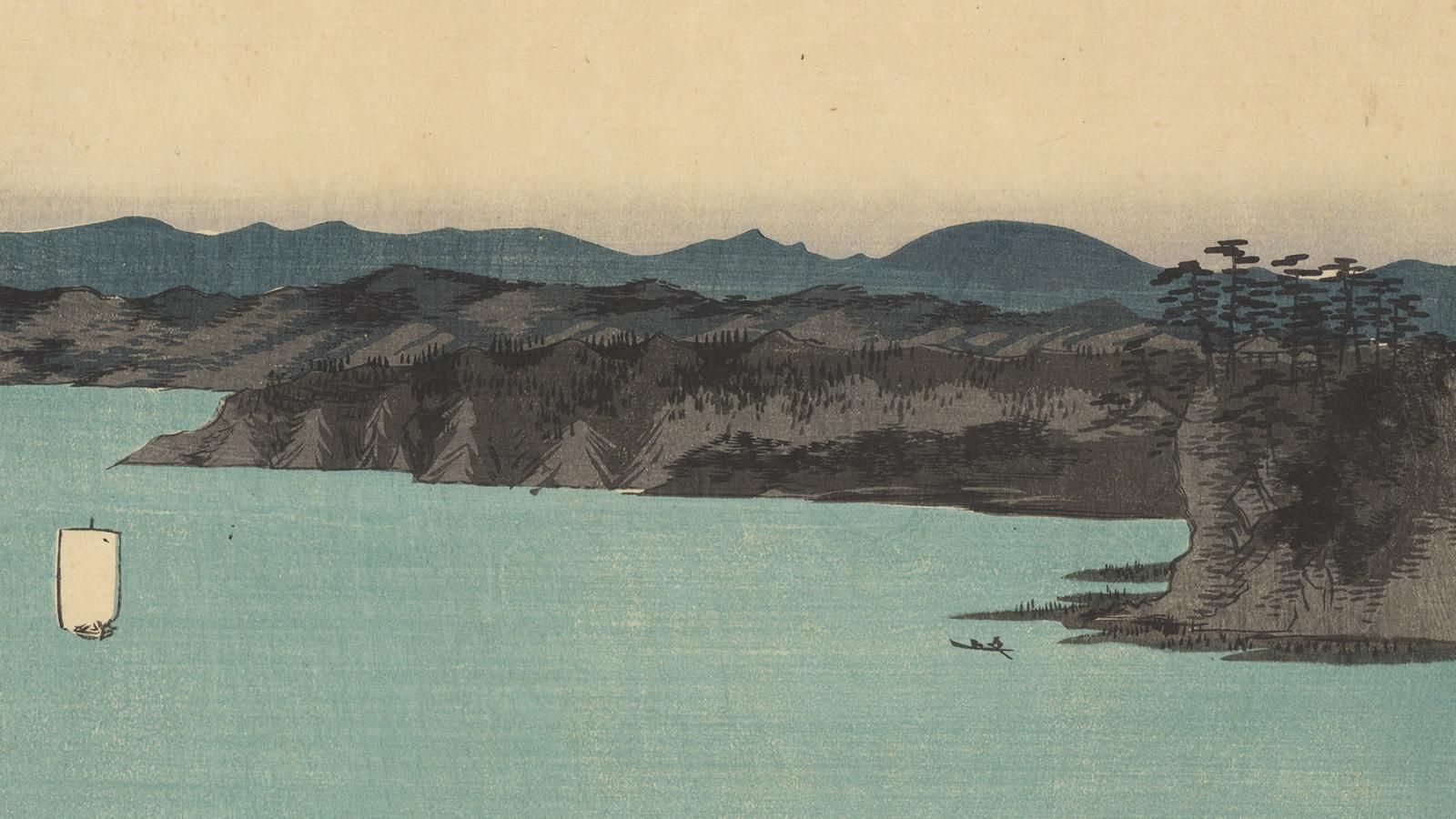 A sailboat with full mast moves through the pale blue water around charcoal and teal coloured headlands in this colour-woodblock print by Utagawa Hiroshige