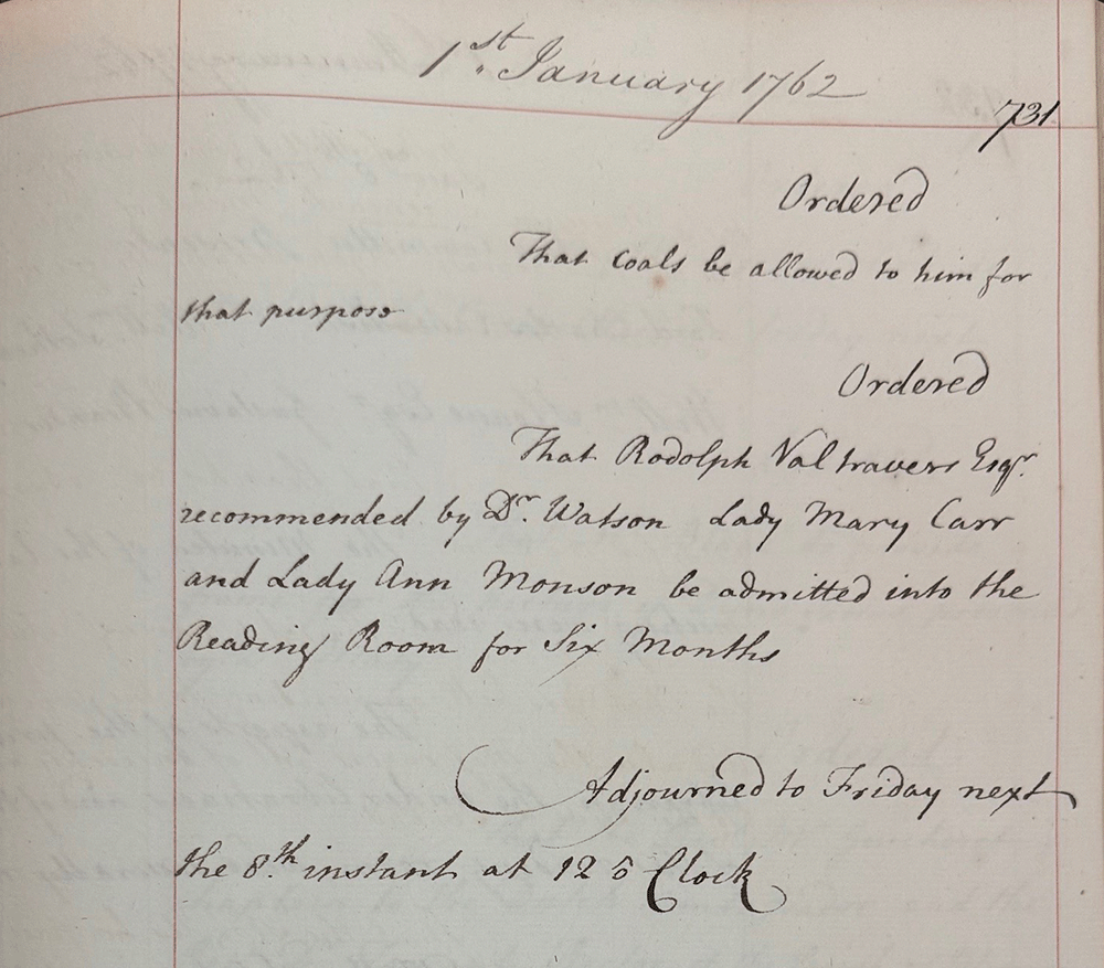 Entry into Trustees' minutes in cursive script with the date at the top: 1st January 1762