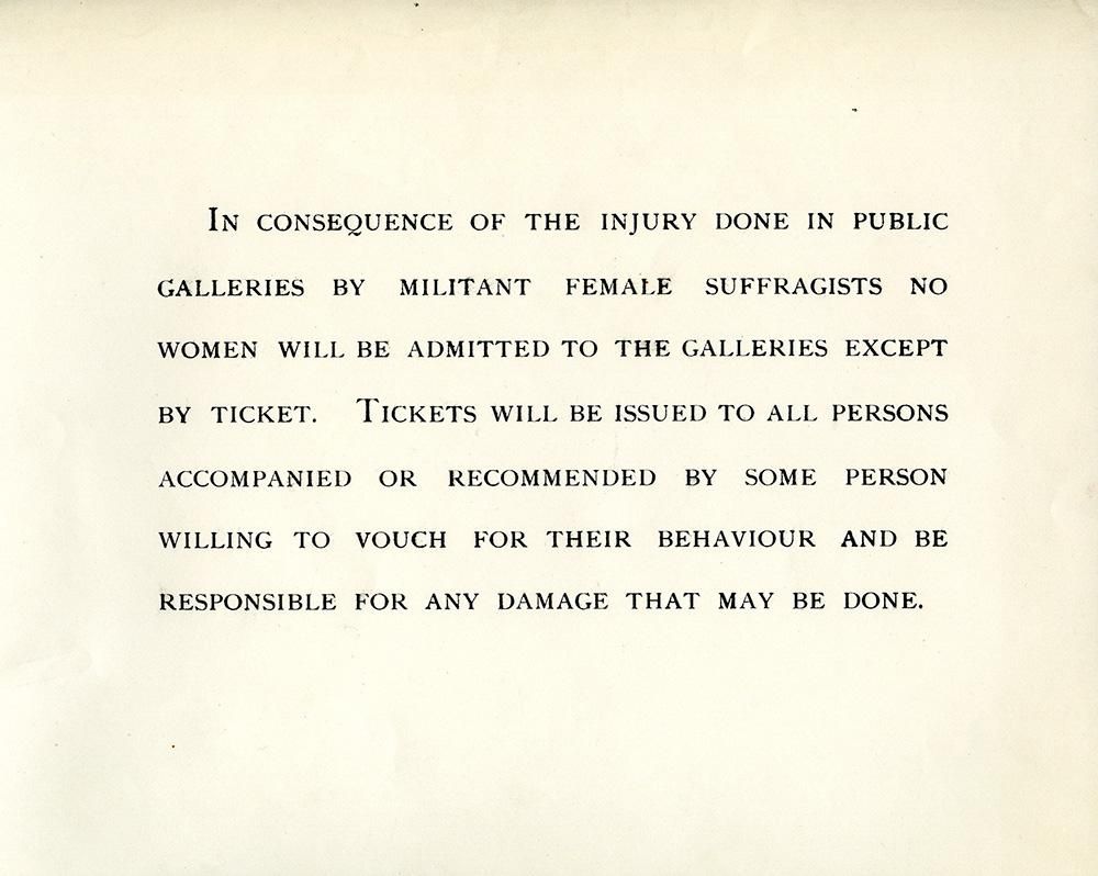 Notice on yellowed paper restricting entry to women to the Museum