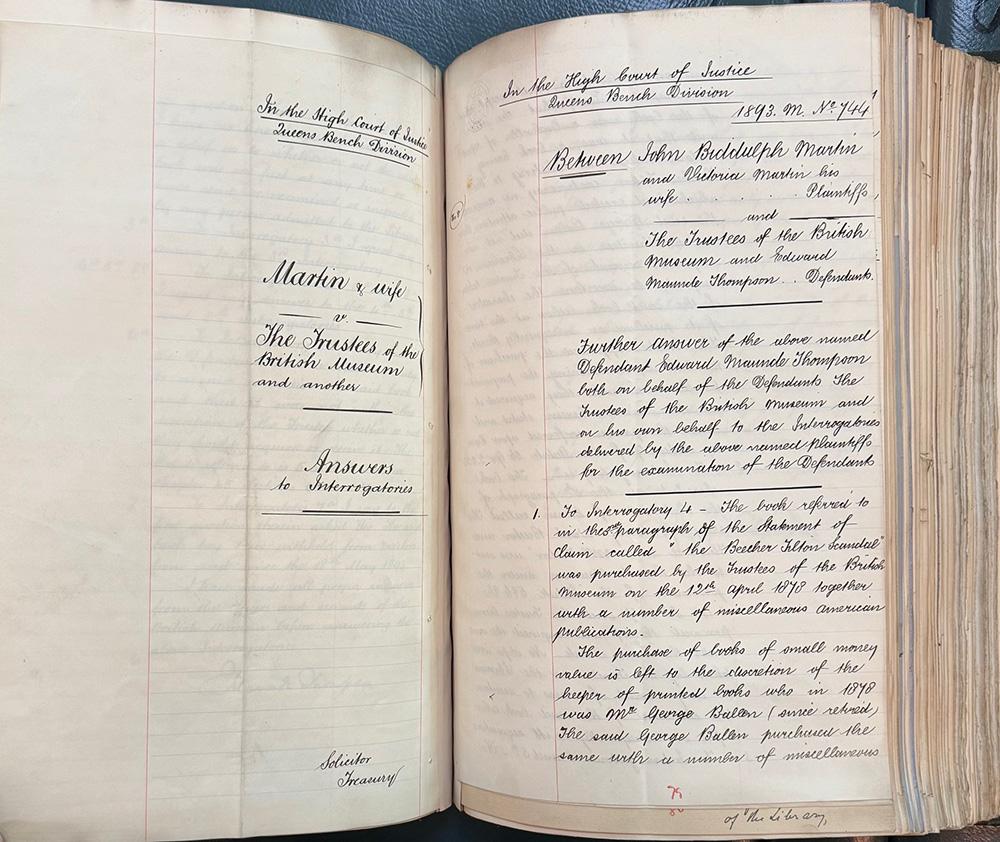 Record of legal case between Victoria Woodhull and husband against the British Museum, with text in cursive script
