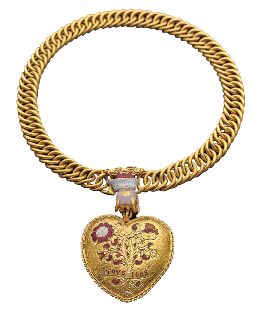 Gold pendant in the shape of a heart with enamelled rose and pomegranate, held on a gold chain by a clasp in the shape of a hand.