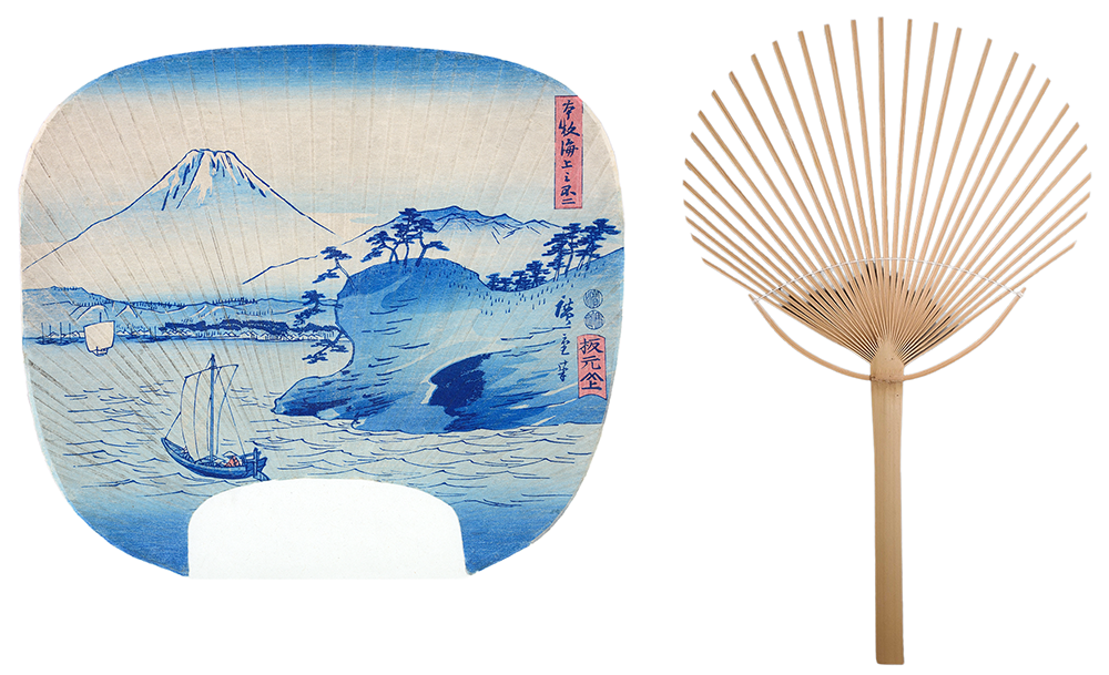 On the left is a print of Mount Fuji and water in front with a boat, on the left is a wooden frame of a fan.