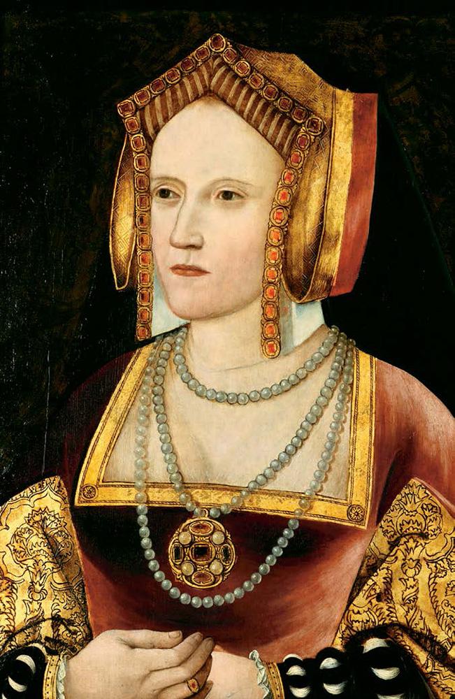 Katherine of Aragon wearing a gold headpiece, pearls and a deep red gown